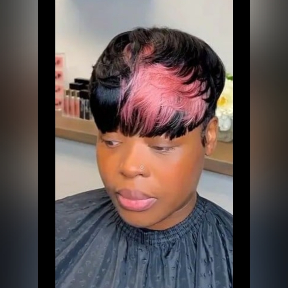 8" Pink Highlight Pixie Cut 100% Human Hair Bang Wigs